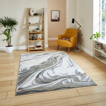 Tidal TL841 Modern Abstract Distressed Metallic Shimmer Soft Smooth Textured Polyester Low Profile Short Pile Silver/Grey/Cream Rug-Think Rugs-Rug Love - The Most Loved Rug Store